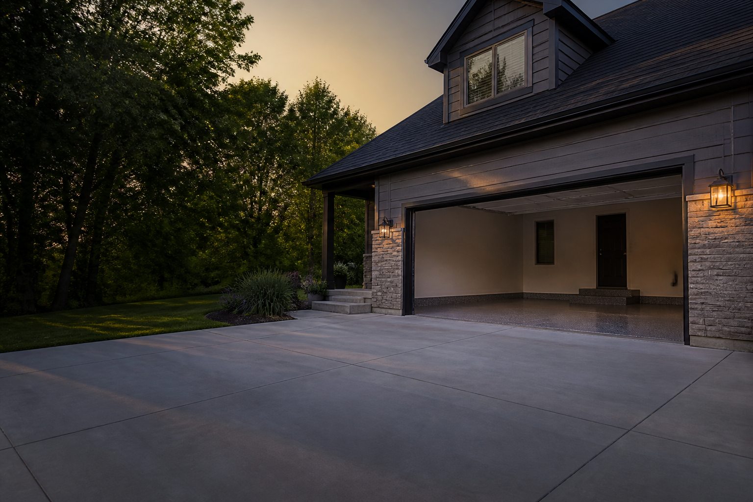 Premium epoxy garage floor and concrete driveway at an Omaha-area home